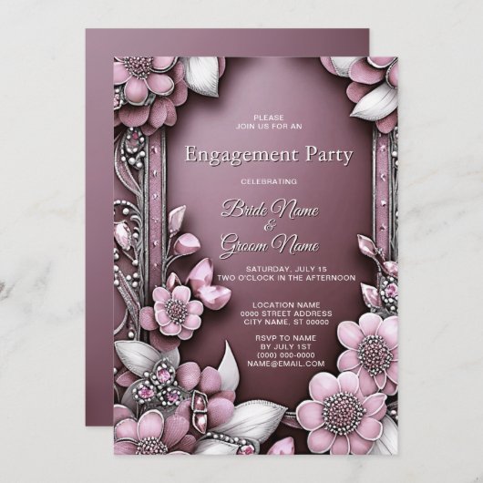 Roze Floral Lijst Verloving Kaart (Voorkant / Achterkant)