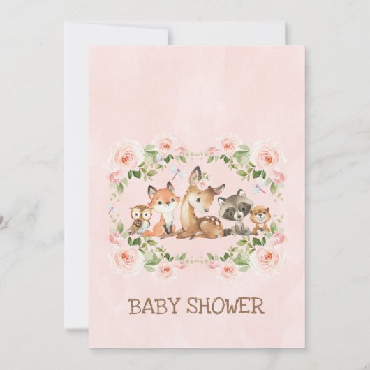 Roze Floral Lijst Woodland Veronderd Baby shower Kaart (Achterkant)