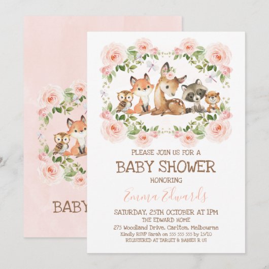 Roze Floral Lijst Woodland Veronderd Baby shower Kaart (Voorkant / Achterkant)