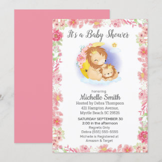 Roze Floral Lion Mam Baby shower Uitnodiging
