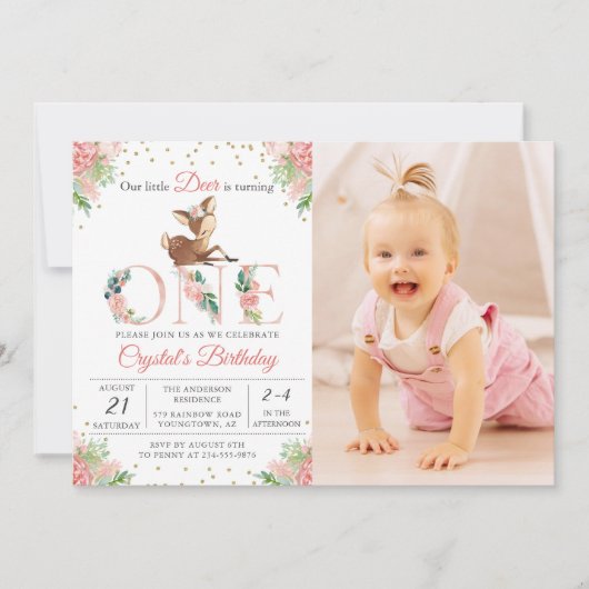 Roze Floral Little Deer First Birthday Foto Kaart (Voorkant)