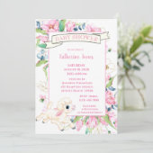 Roze Floral Little Lamb Baby shower Invitation Kaart (Staand voorkant)
