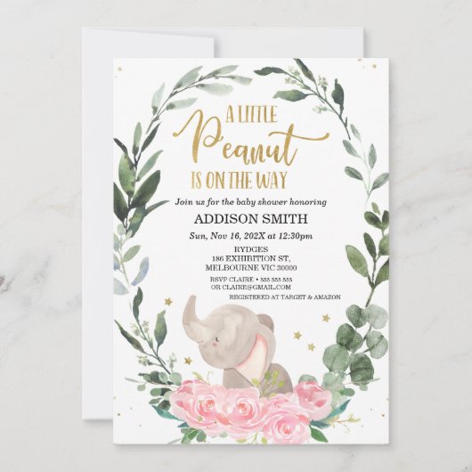 Roze Floral Little Peanut Elephant Baby shower Kaart (Voorkant)