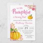 Roze Floral Little Pumpkin 1st Birthday Invitation Kaart (Voorkant)