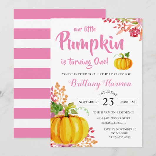 Roze Floral Little Pumpkin 1st Birthday Invitation Kaart (Voorkant / Achterkant)