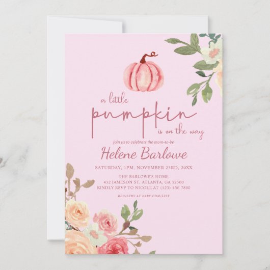 Roze Floral Little Pumpkin Baby shower Invitation Kaart (Voorkant)