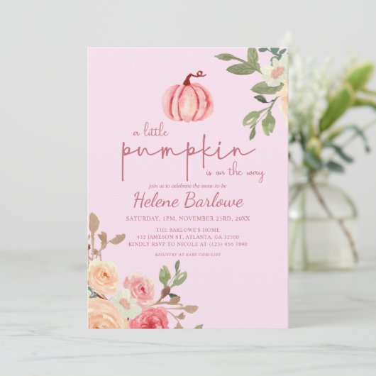 Roze Floral Little Pumpkin Baby shower Invitation Kaart (Staand voorkant)