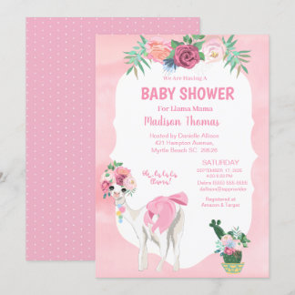 Roze Floral Llama Mama Alpaca Girls Baby shower Kaart