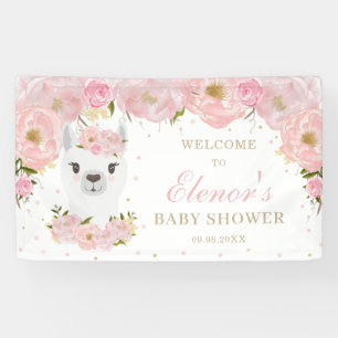 Roze Floral Llama Mama Animal Baby shower Achtergr Spandoek