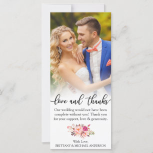 Roze Floral Love and Bedankt Wedding Photo Card Kaart