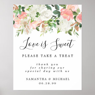Roze Floral Love is Sweet Wedding Bar Post Poster