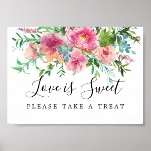 Roze Floral Love is Sweet Wedding Dessert Bar Sign Poster