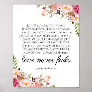 Roze Floral Love mislukt nooit 1 Corinthians Sign Poster