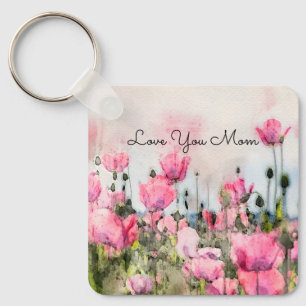 Roze Floral Love You mam Waterverf Sleutelhanger