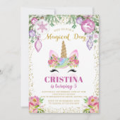 Roze Floral Magical Kerstmis Unicorn Birthday Kaart (Voorkant)