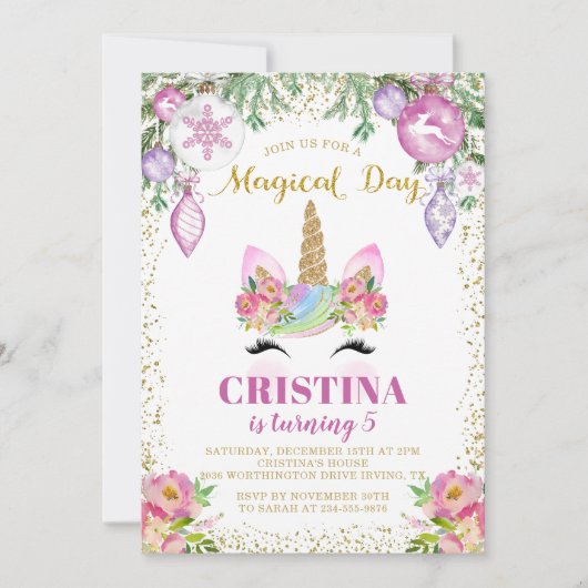 Roze Floral Magical Kerstmis Unicorn Birthday Kaart (Voorkant)