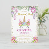 Roze Floral Magical Kerstmis Unicorn Birthday Kaart (Staand voorkant)