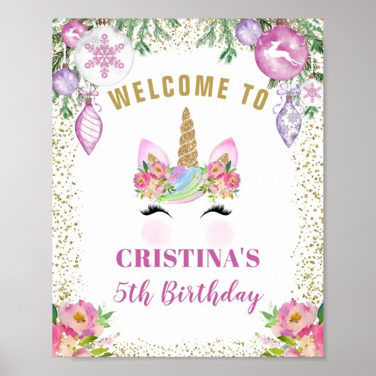 Roze Floral Magical Kerstmis Unicorn Welkom Poster (Voorkant)