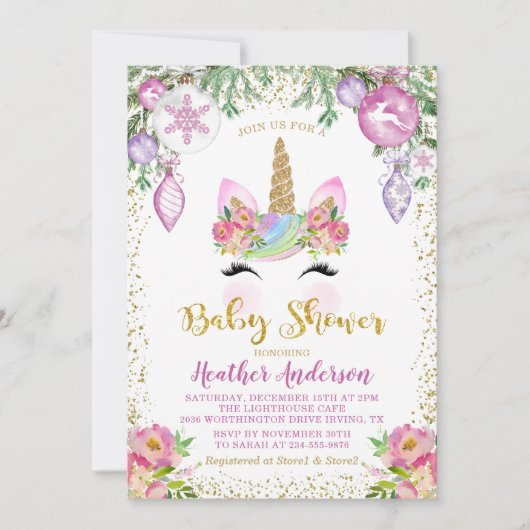 Roze Floral Magical Kerstunicorn Baby shower Kaart (Voorkant)