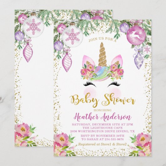 Roze Floral Magical Kerstunicorn Baby shower Kaart (Voorkant / Achterkant)