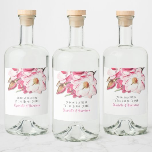 Roze Floral Magnolia Elegant Wedding Likeurfles Etiket (Flessen)