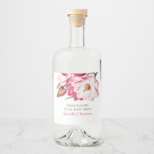Roze Floral Magnolia Elegant Wedding Likeurfles Etiket (Voorkant)