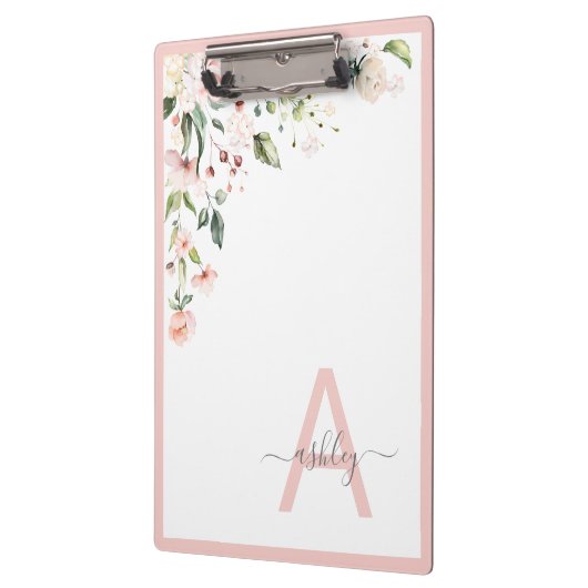  Roze Floral Manuscript Monogram Initiaal Naam Klembord (Links)