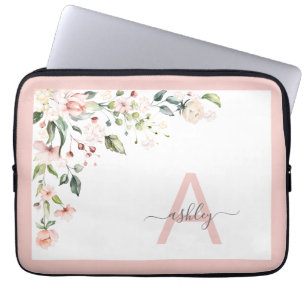  Roze Floral Manuscript Monogram Initiaal Naam Laptop Sleeve