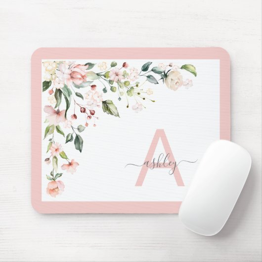  Roze Floral Manuscript Monogram Initiaal Naam Muismat (Met muis)