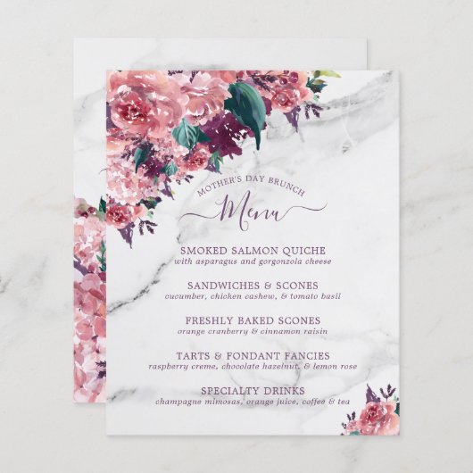  Roze Floral Marble Moederdag Brunch Menu (Voorkant / Achterkant)