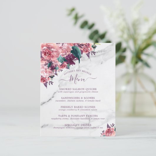  Roze Floral Marble Moederdag Brunch Menu (Staand voorkant)