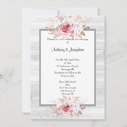 Roze Floral Marble Rustic WEDDING Kaart (Voorkant)