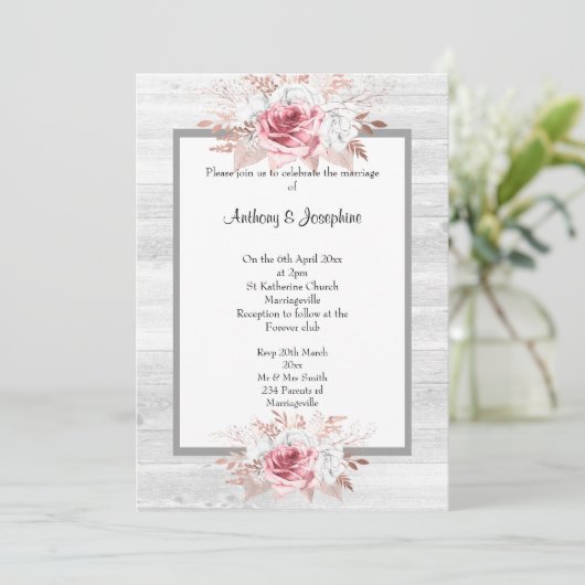 Roze Floral Marble Rustic WEDDING Kaart (Staand voorkant)