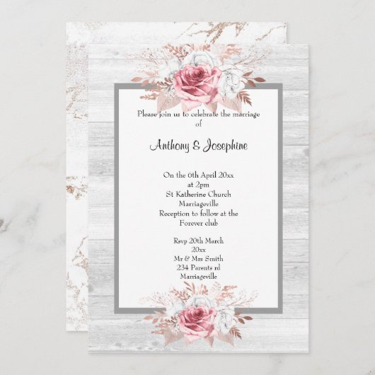 Roze Floral Marble Rustic WEDDING Kaart (Voorkant / Achterkant)