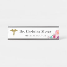 Roze Floral Medical Caduceus Desk Name Bord