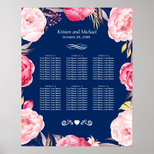 Roze Floral met 6 tafels Bindend Seating Chart Poster (Voorkant)