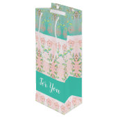 Roze Floral met Blauwgroen Wijn Cadeautas (Achterkant Gekanteld)