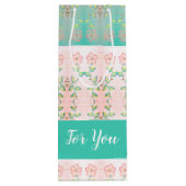 Roze Floral met Blauwgroen Wijn Cadeautas (Achterkant)