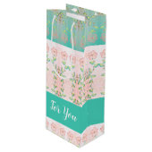 Roze Floral met Blauwgroen Wijn Cadeautas (Voorkant Gekanteld)