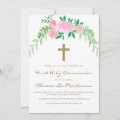  roze Floral met de Eerste Heilige Communie Kaart (Voorkant)