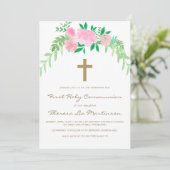  roze Floral met de Eerste Heilige Communie Kaart (Staand voorkant)