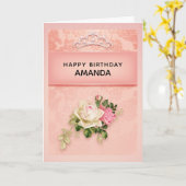 Roze floral met Diamond Tiara Princess Birthday C Kaart (Gele Bloem)