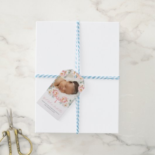 Roze Floral met foto-Baptisme Favors Cadeaulabel (Met Touw)
