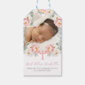 Roze Floral met foto-Baptisme Favors Cadeaulabel (Voorkant)