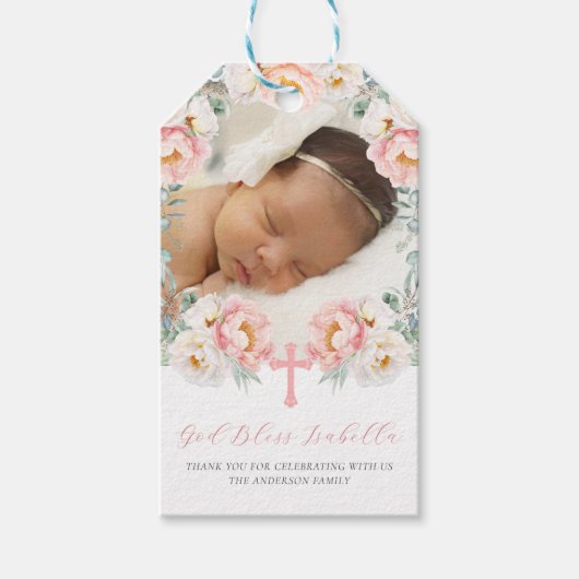 Roze Floral met foto-Baptisme Favors Cadeaulabel (Voorkant)