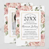 Roze Floral met foto op Back Graduparty Kaart (Voorkant / Achterkant)