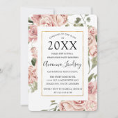 Roze Floral met foto op Back Graduparty Kaart (Voorkant)
