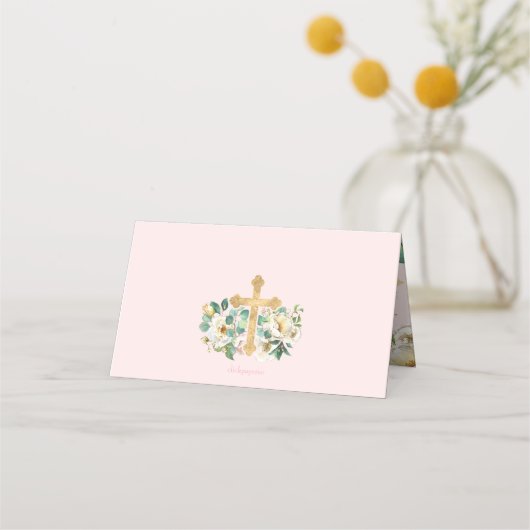 Roze Floral met Gold Cross Baptisme Plaatskaartje (Achterkant)