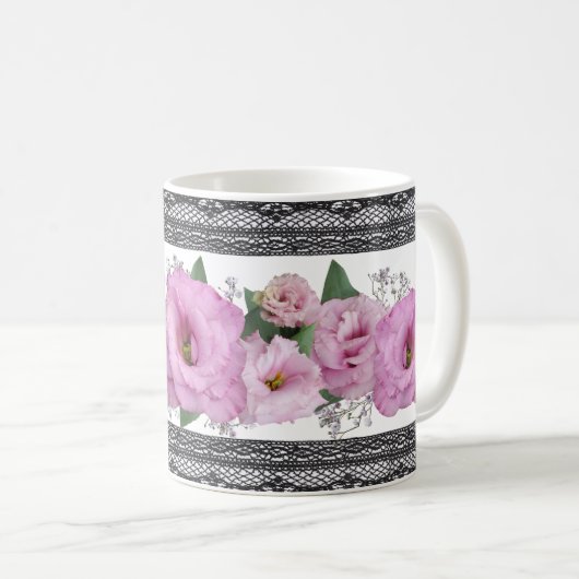 Roze Floral met zwarte rand Koffiemok (Voorkant rechts)