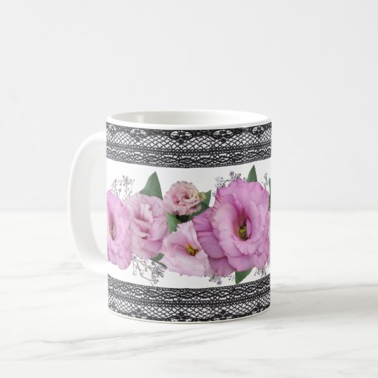 Roze Floral met zwarte rand Koffiemok (Voorkant links)